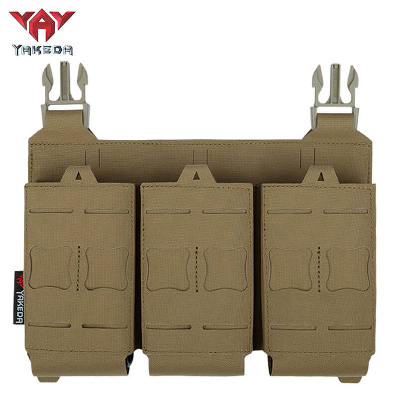 YKD-0119 Yakeda tactical nylon molle triple pistol ammunition bag in tan color, featuring three pouches and durable clips.