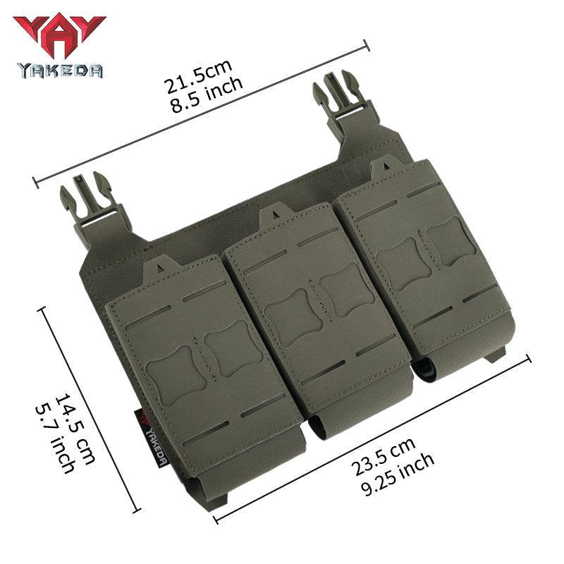Dimensions of YKD-0119 Yakeda Tactical Nylon Molle Triple Pistol Ammunition Bag with three compartments.